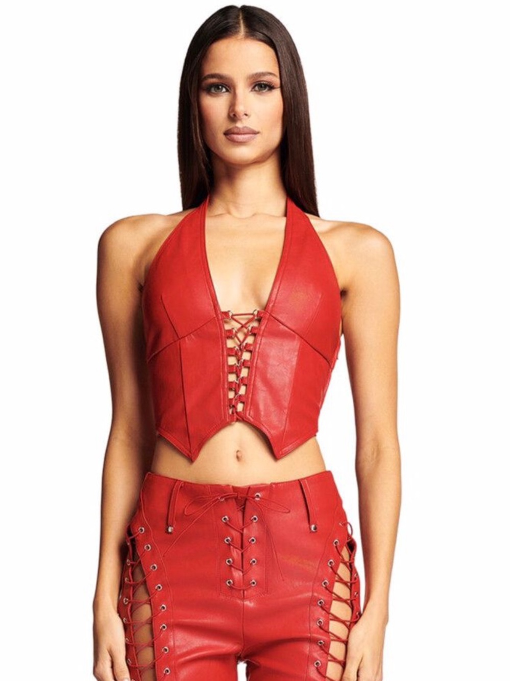 I.AM.GIA Red Leather Lace-Up Halter Corset Top